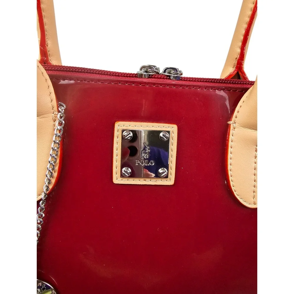 Polo Red Navy Blue Colorblock Patent Dome Satchel Bag Silver‎ Hardware Charm